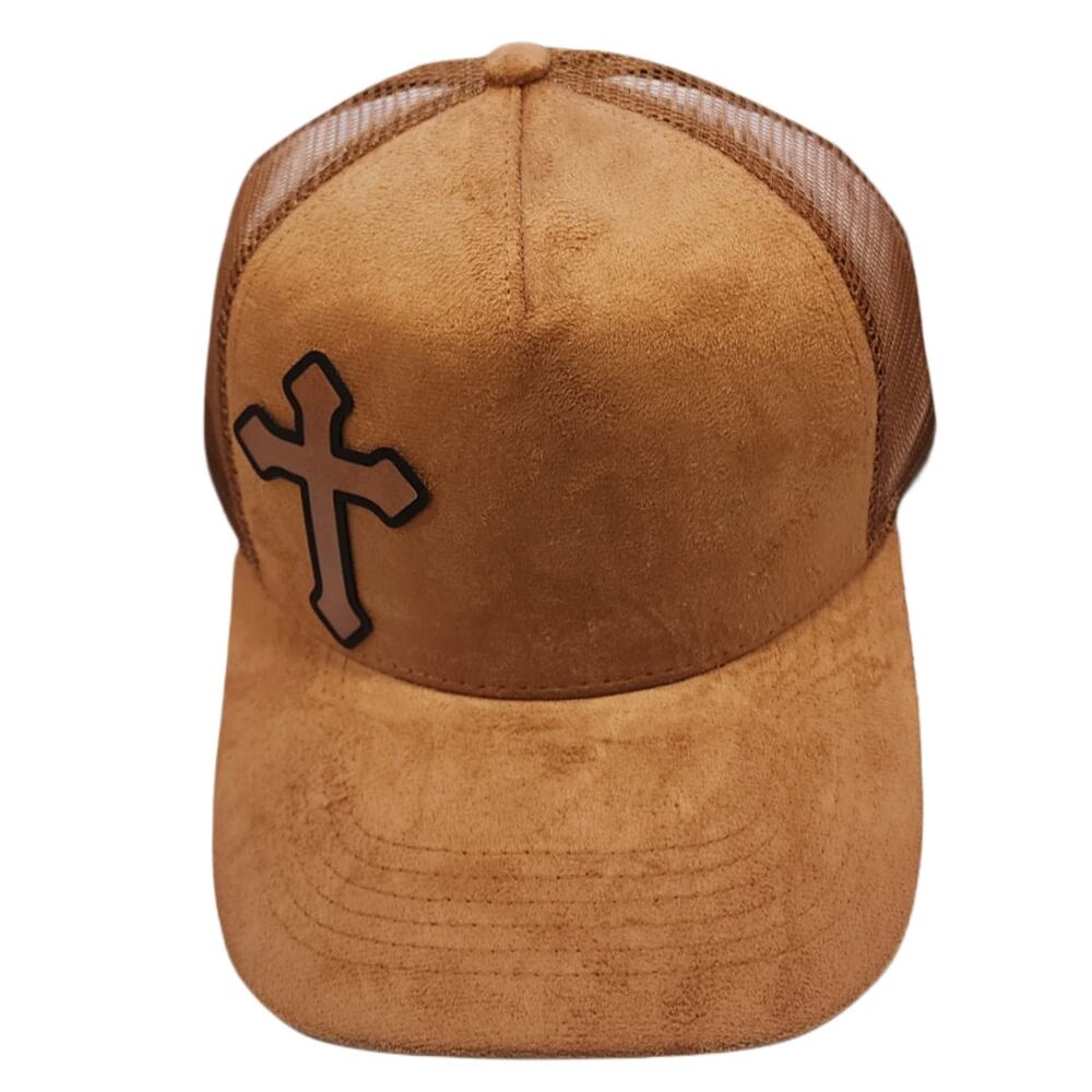 NWT Cross Faux Suede Snap Back Mesh Trucker Hat Cap, Tan